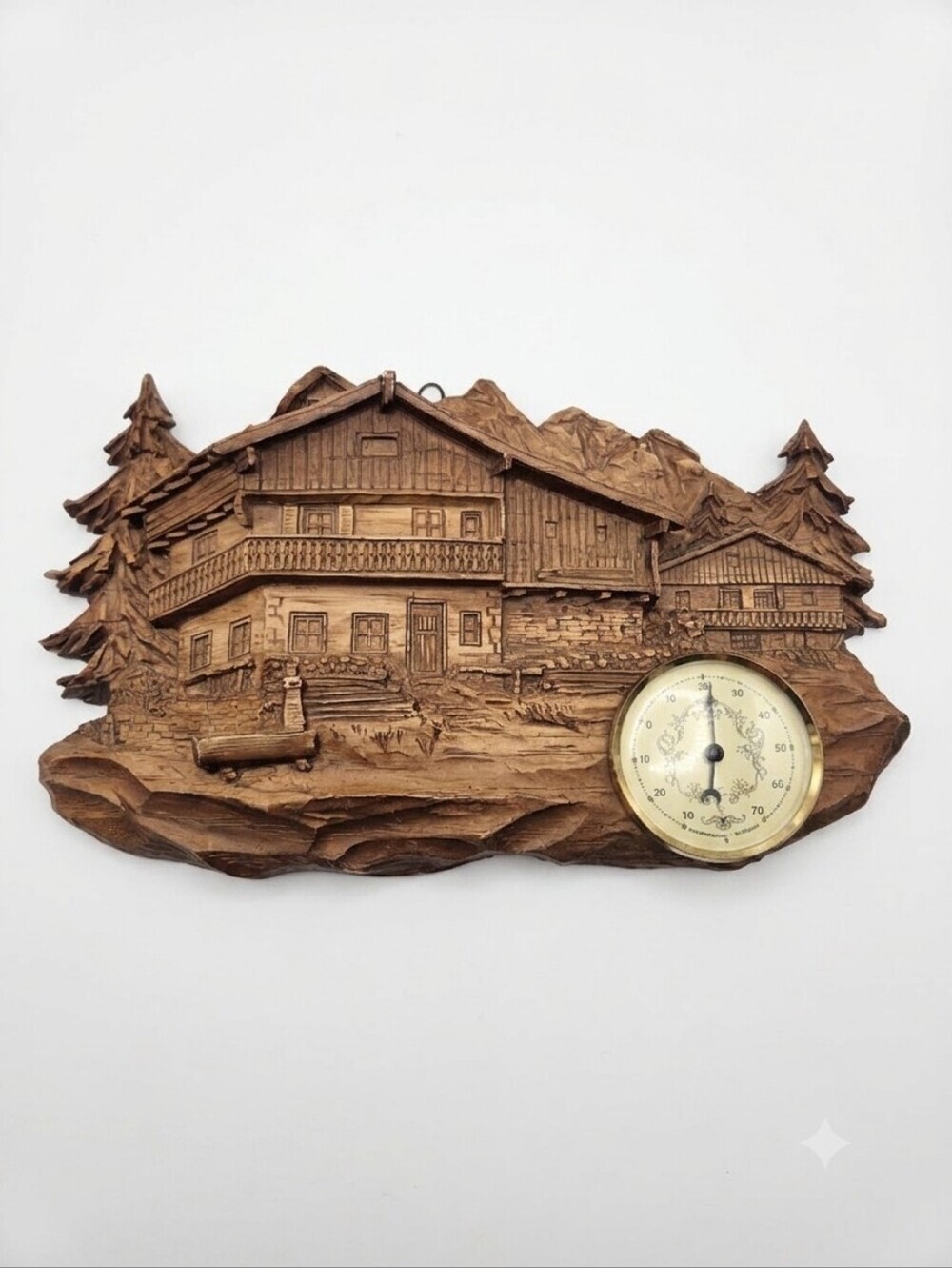 German Carved Wooden Chalet Scene Wall Plaque with Precision Dial Thermometer Vi